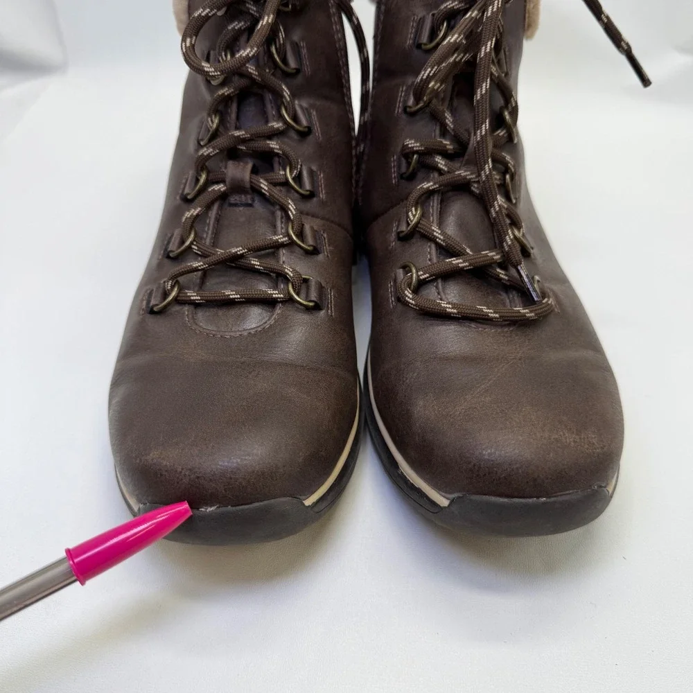 Baretraps Yanty Ankle Boots Faux Fur Collar Lace Up Comfort Brown‎ 8.5M Winter